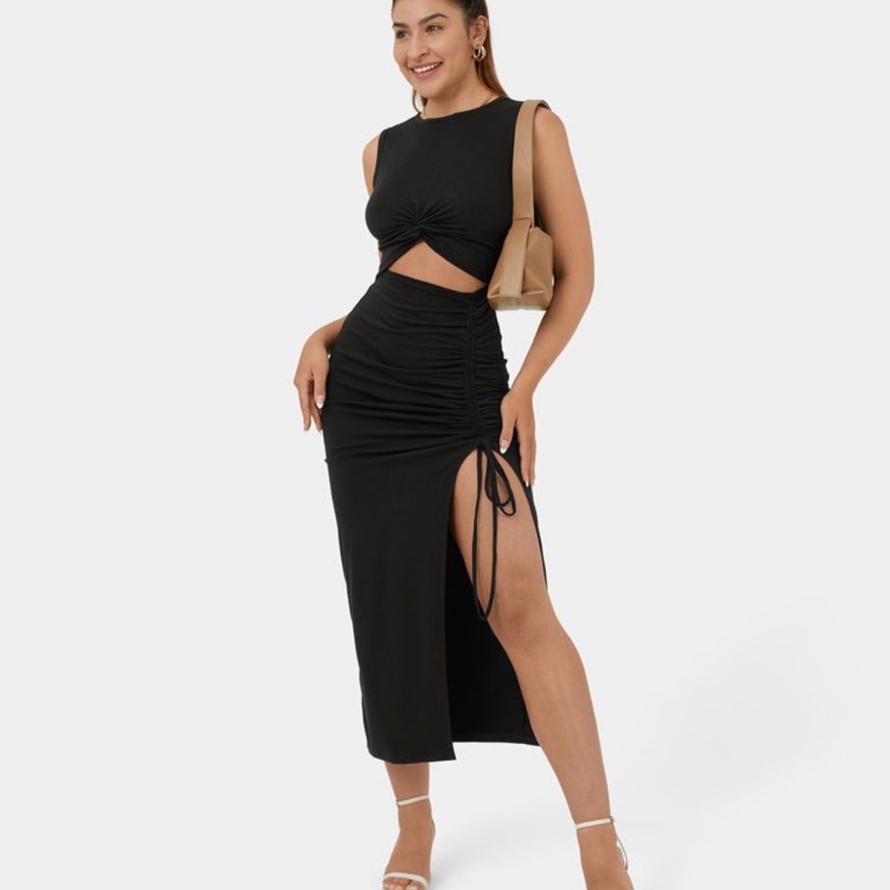 🔥Round Neck Twisted Cut Out Ruched Drawstring Split Hem Bodycon Midi Dress